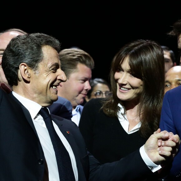 Nicolas Sarkozy, Carla Bruni-Sarkozy et François Baroin - Meeting "Tout pour la France" de Nicolas Sarkozy au Zénith de Paris, France, le 9 octobre 2016. © Stéphane Lemouton/Bestimage