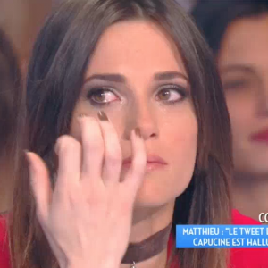 Capucine Anav, défendue par Matthieu Delormeau, fond en larmes lorsque le sujet Nabilla est abordé. Emission "Touche pas à mon poste" sur C8. Le 7 novembre 2016.