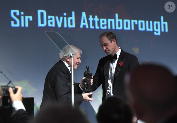 Le prince William, duc de Cambridge, remet un prix à David Attenborough à la Cérémonie des "Evening Standard Theatre Awards" au théâtre Old Vic à Londres, le 13 novembre 2016.