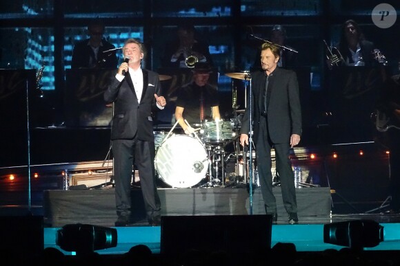 Eddy Mitchell, Johnny Hallyday et Jacques Dutronc - Premier concert "Les Vieilles Canailles" à l'AccorHotels Arena à Paris, du 5 au 10 novembre 2014.