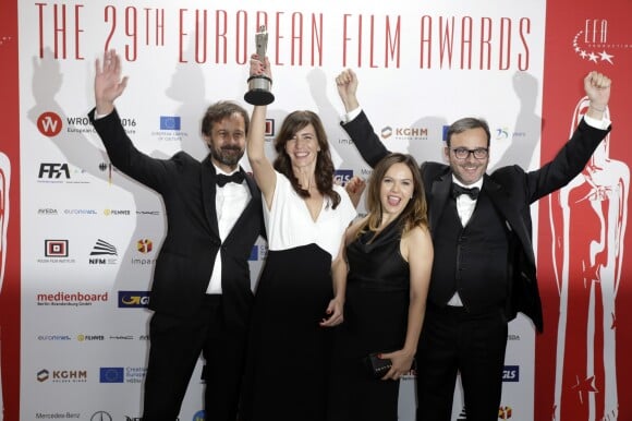 Claude Barras, Pauline Gygax, Kate Merkt et Michel Merkt - Pressroom de la cérémonie de remise des prix "European Film Award (EFA) à Wroclaw (Pologne). Le 10 décembre 2016