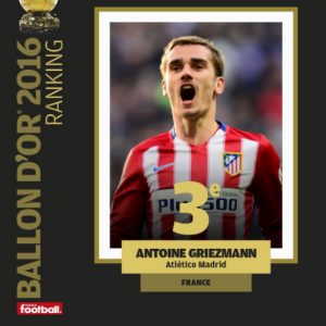 Antoine Griezmann arrive troisième dans le classement du Ballon d'or 2016 révélé par France Football le 12 décembre 2016.