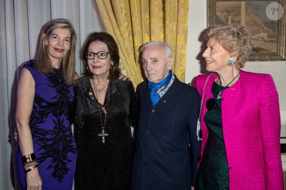 Maria Theofili, Nana Mouskouri, Hélène Carrère d'Encausse Charles Aznavour  à la Cérémonie de remise du prix Nikos Gatsos 2016, attribué à Charles Aznavour à l'ambassade de Grèce à Paris le 19 décembre 2016. © Cyril Moreau/Bestimage