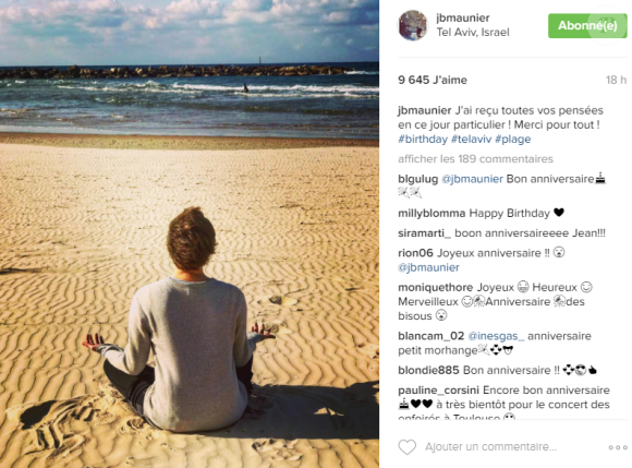 Jean-Baptiste Maunier en vacances à Tel Aviv. Photo postée sur Instagram, le 22 décembre 2016.