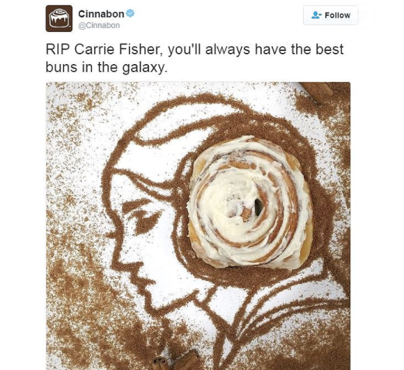 La boulangerie Cinnabon a supprimé cette photo avec l'une de ses pâtisseries, accusée de faire de la publicité sur la mort de Carrie Fisher