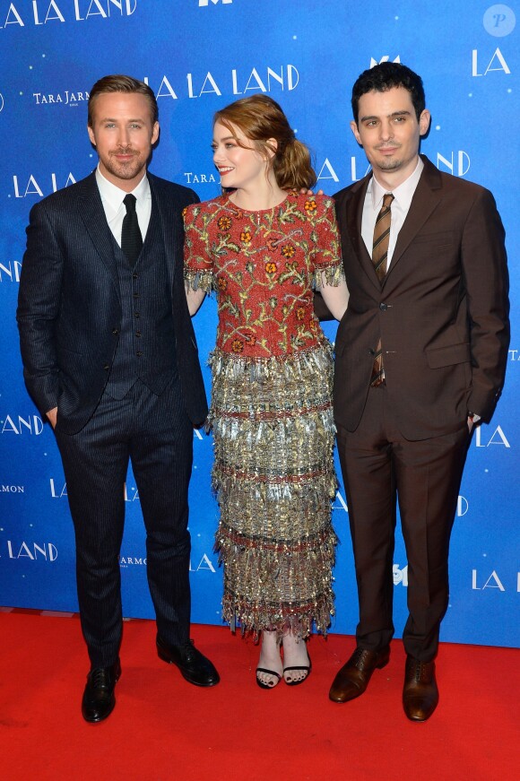 Ryan Gosling, Emma Stone et Damien Chazelle (réalisateur) - Avant-première du film "La La Land" au cinéma UGC Normandie à Paris, le 10 janvier 2017. © Coadic Guirec/Bestimage