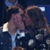 Laury Thilleman et son compagnon Juan Arbelaez s'embrassent lors du match d'ouverture du Mondial de handball 2017, France-Brésil (31-16), à l'AccorHotels Arena à Paris le 11 janvier 2017. © Cyril Moreau/Bestimage