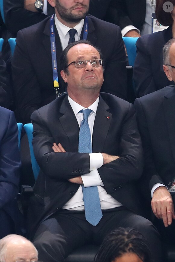 François Hollande lors du match d'ouverture du Mondial de handball 2017, France-Brésil (31-16), à l'AccorHotels Arena à Paris le 11 janvier 2017. © Cyril Moreau/Bestimage