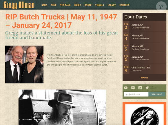 Butch Trucks est mort à 69 ans le 24 janvier 2017. Gregg Allman a exprimé son chagrin sur son site Internet.