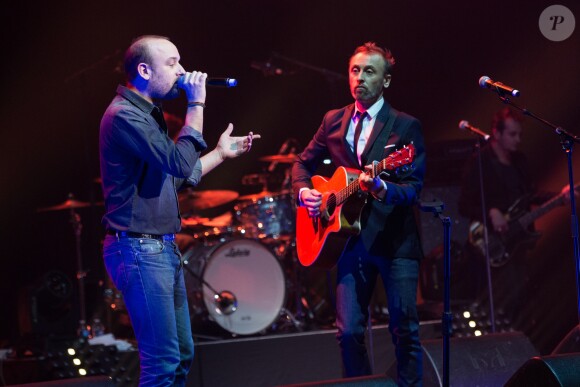 Le chanteur Ours (Charles Souchon) et son frère Pierre Souchon lors du concert du 12ème Gala de l'Association pour la Recherche sur Alzheimer à la salle Pleyel, à Paris, le 30 janvier 2017.