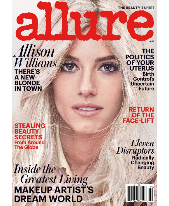 Allison Williams toute blonde en couverture du magazine Allure, au mois de février 2017