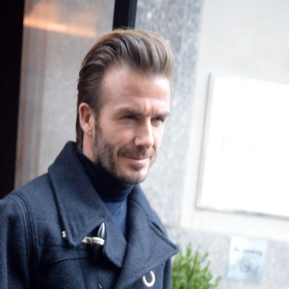 David Beckham sortant de son hôtel avec ses enfants Brooklyn, Romeo, Cruz et Harper, à New York le 12 février 2017