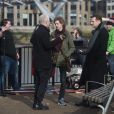 Thomas Brodie-Sangster, Liam Neeson sur le tournage de la suite de Love Actually pour le Comedy Relief and Red Nose Day à Londres le 16 février 2017.