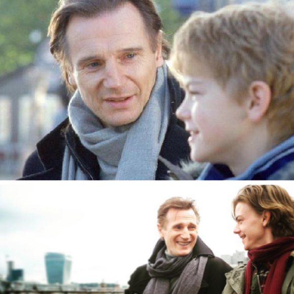 Liam Neeson et son fils de fiction, Thomas Brodie-Sangster, entre Love Actually (2003) et Red Nose Day Actually (2017).