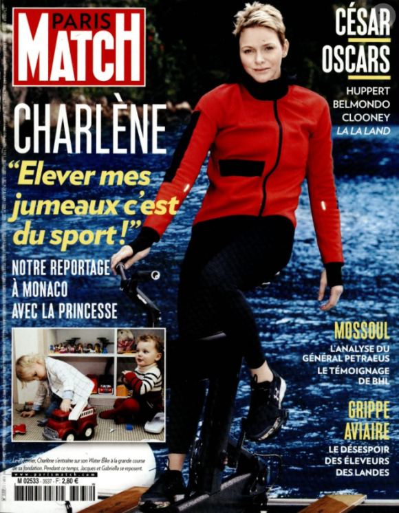 Paris Match, numéro du 2 mars 2017. En couverture, la princesse Charlene de Monaco et ses jumeaux, le prince Jacques et la princesse Gabriella.