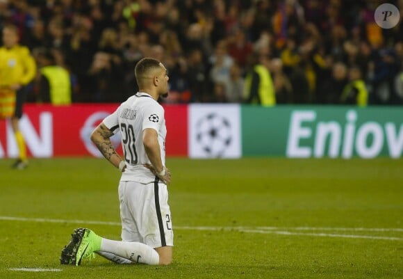 Layvin Kurzawa - 8ème de finale de la Champions League "FC Barcelone - PSG" au Camp Nou à Barcelone. Le PSG a subit une défaite unique dans l'histoire de la compétition en perdant 6-1 au match retour après avoir gagné 4-0 au match aller. Barcelone, le 8 mars 2017.