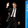 A l'occasion de la journée internationale des femmes, Emmanuel Macron, candidat du mouvement "En Marche!", à l'éléction présidentielle, a cloturé un rassemblement organisé par le collectif "Elles Marchent" au théatre Antoine, à Paris, France, le 8 Mars 2017.