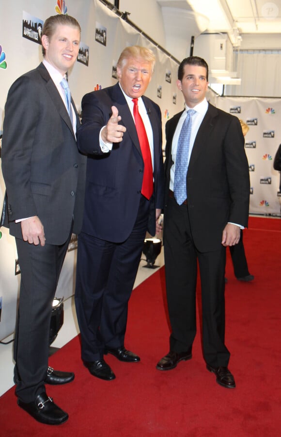 Donald Trump et ses fils Eric et Donald Jr - Conference de presse de la saison 13 de "Celebrity Apprentice All Stars" a New York. Le 12 octobre 2012
