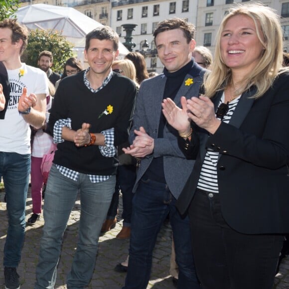 Exclusif - Hervé Mathoux, Vincent Niclo, Céline Géraud, Christophe Beaugrand, Princess Erik , Morgan Bourc'his, Thomas Sotto et François-Xavier Ménage et Agathe Lecaron lors de la 13 ème édition de l'opération "Une Jonquille pour Curie" à Paris, le 14 mars 2017.