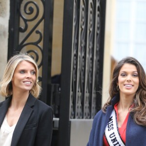 Semi- Exclusif - Iris Mittenaere (Miss Univers) et Sylvie Tellier au Palais de l'Elysée pour rencontrer le Président de la République F. Hollande et visiter l'Elysée à Paris, le 18 mars 2017.