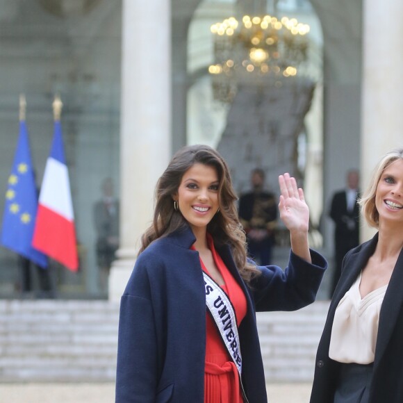 Semi- Exclusif - Iris Mittenaere (Miss Univers) et Sylvie Tellier au Palais de l'Elysée pour rencontrer le Président de la République F. Hollande et visiter l'Elysée à Paris, le 18 mars 2017.