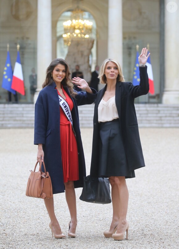 Semi- Exclusif - Iris Mittenaere (Miss Univers) et Sylvie Tellier au Palais de l'Elysée pour rencontrer le Président de la République F. Hollande et visiter l'Elysée à Paris, le 18 mars 2017.