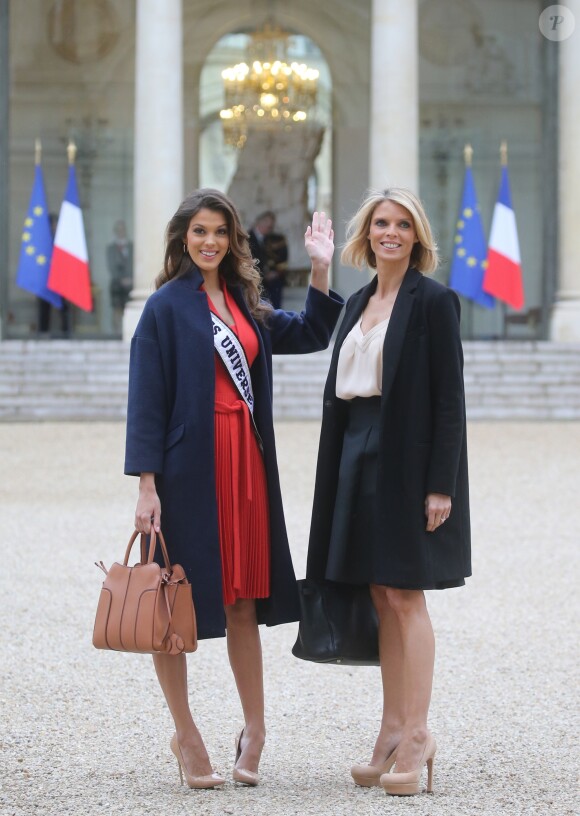 Semi- Exclusif - Iris Mittenaere (Miss Univers) et Sylvie Tellier au Palais de l'Elysée pour rencontrer le Président de la République F. Hollande et visiter l'Elysée à Paris, le 18 mars 2017.