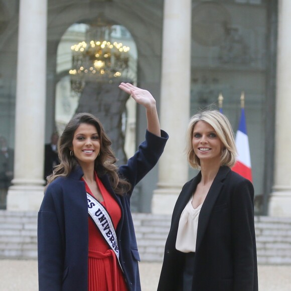 Semi- Exclusif - Iris Mittenaere (Miss Univers) et Sylvie Tellier au Palais de l'Elysée pour rencontrer le Président de la République F. Hollande et visiter l'Elysée à Paris, le 18 mars 2017.