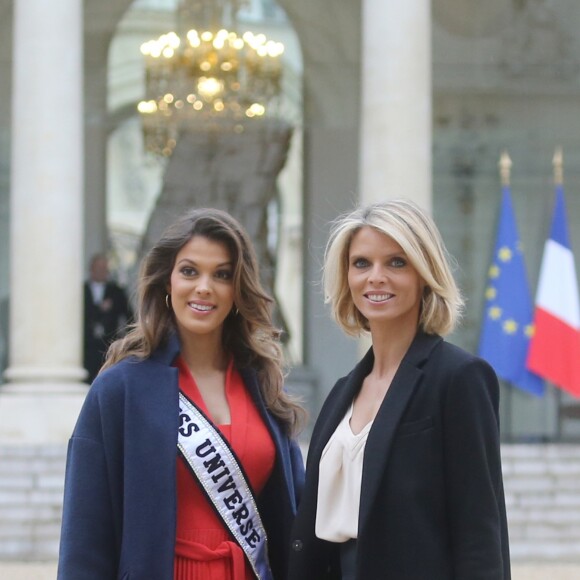 Semi- Exclusif - Iris Mittenaere (Miss Univers) et Sylvie Tellier au Palais de l'Elysée pour rencontrer le Président de la République F. Hollande et visiter l'Elysée à Paris, le 18 mars 2017.