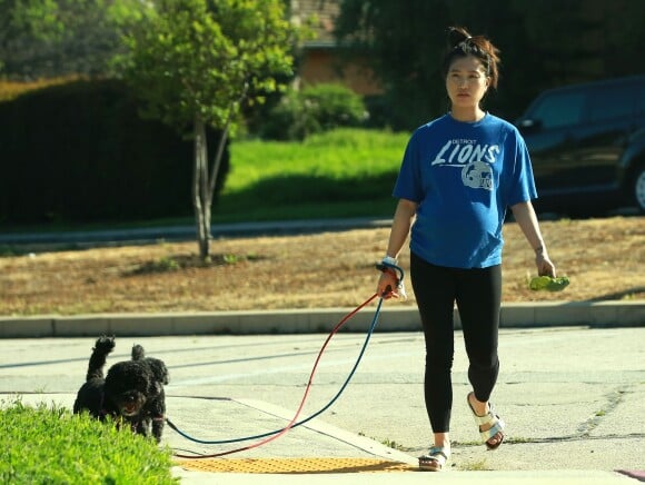 Joana Pak enceinte balade ses chiens alors que son mari Steven Yeun sort les poubelles à Los Angeles, le 15 mars 2017