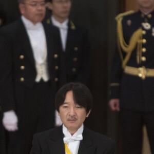 Le prince Fumihito d'Akishino et La princesse Masako lors du dîner de gala donné en l'honneur du roi et de la reine d'Espagne en visite officielle au Japon à Tokyo le 4 avril 2017.  Gala dinner for Spanish kings on occasion for their official visit to Japan in ImperialPalace in Tokyo on Wednesday 5 April 2017. On the first day of their 3 day tour of Japan04/04/2017 - Tokyo