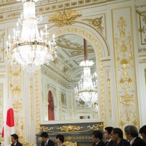 La reine Letizia d'Espagne, le roi Felipe, Shinzo Abe, le premier ministre du Japon et sa femme Akie lors du dîner de gala en l'honneur de la visite du roi et de la reine d'Espagne au Japon. Tokyo, le 6 avril 2017.  Gala Dinner on occasion for the official visit of king and queen of Spain to Japan in Tokyo on Thursday 6 April 2017. On the second day of their 3 day tour of Japan06/04/2017 - Tokyo