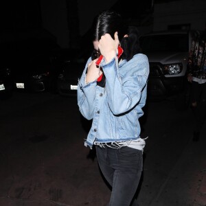 Kendall Jenner was not in the mood for photos when she left dinner at Matsuhisa with Scott Disick and a couple of friends. The reality star-turned model dressed casual in a denim jacket, black skinny jeans and a pair of white shoes. Los Angeles, CA, USA, April 12, 2017. Photo by Spread Pictures/ABACAPRESS.COM13/04/2017 - Los Angeles