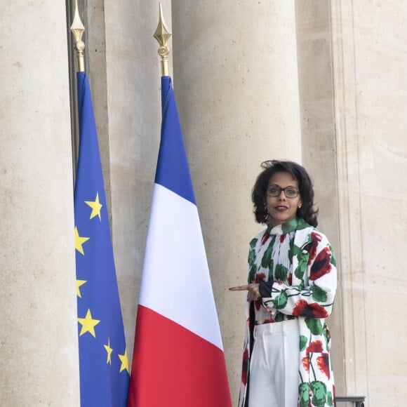 Audrey Pulvar à l'Elysée lors de la remise de l'insigne de Commandeur de la Légion d'Honneur à B. Gates et sa femme Melinda. Paris, le 21 avril 2017.