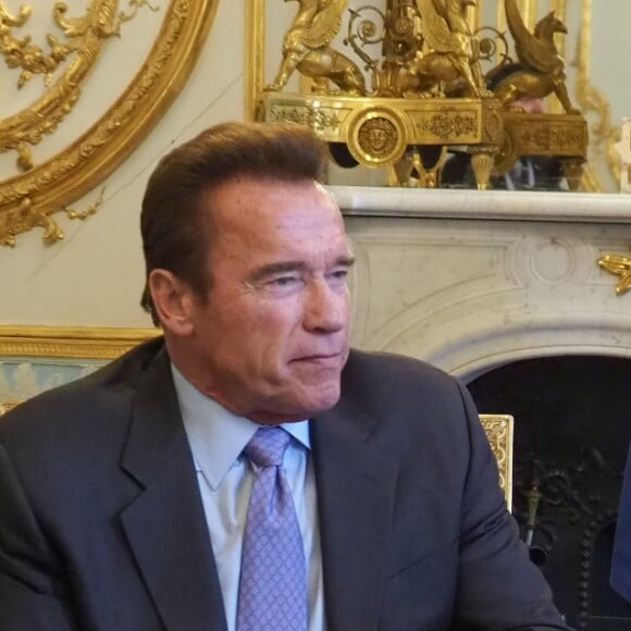 François Hollande remet les insignes de la Légion d'honneur à Arnold Schwarzenegger pour son engagement en faveur de l'environnement au palais de l'Elysée à Paris le 28 avril 2017