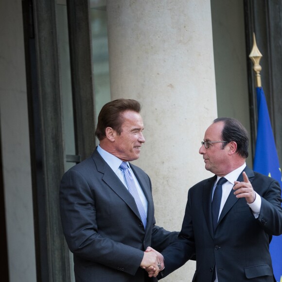 François Hollande remet les insignes de la Légion d'honneur à Arnold Schwarzenegger pour son engagement en faveur de l'environnement au palais de l'Elysée à Paris le 28 avril 2017