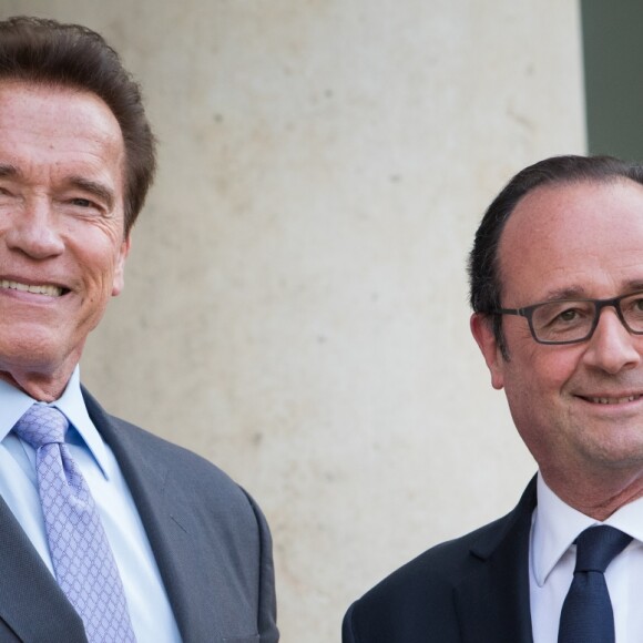 François Hollande remet les insignes de la Légion d'honneur à Arnold Schwarzenegger pour son engagement en faveur de l'environnement au palais de l'Elysée à Paris le 28 avril 2017