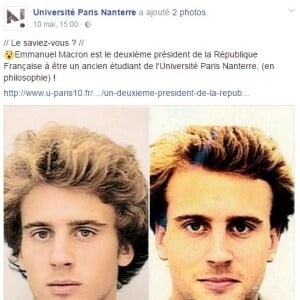 L'univeristé Paris Nanterre partage des photos d'Emmanuel Macron lorsqu'il était étudiant sur sa page Facebook le 10 mai 2017.