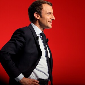 Emmanuel Macron (candidat du mouvement "En Marche !" pour les élections présidentielles de 2017) tient un meeting de campagne le 28 Avril 2017 à Châtellerault. © Patrick Bernard/ Bestimage