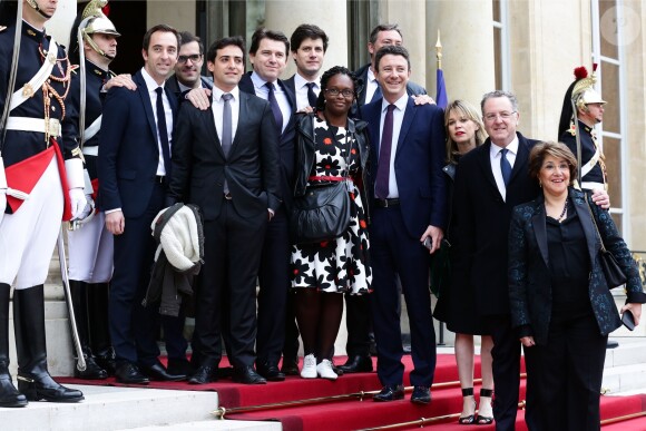 Jean-Marie Girier, Ismaël Emélien, Stéphane Séjourné, Sylvain Fort, Julien Denormandie, Sibeth Ndiaye, Arnaud Leroy, Benjamin Griveaux, Richard Ferrand et guest lors de la passation de pouvoir entre Emmanuel Macron et François Hollande au palais de l'Elysée à Paris le 14 mai 2017. © Stéphane Lemouton / Bestimage