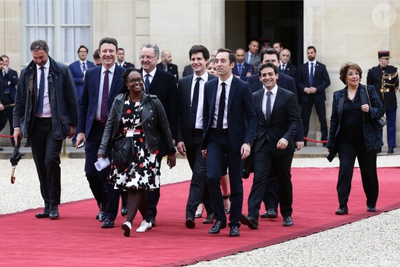 Arnaud Leroy, Benjamin Griveaux, Sibeth Ndiaye, Jean-Marie Girier, Richard Ferrand, Julien Denormandie, Stéphane Séjourné, Sylvain Fort et guest lors de la passation de pouvoir entre Emmanuel Macron et François Hollande au palais de l'Elysée à Paris le 14 mai 2017. © Stéphane Lemouton / Bestimage