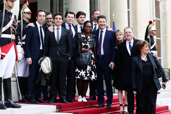 Jean-Marie Girier, Ismaël Emélien, Stéphane Séjourné, Sylvain Fort, Julien Denormandie, Sibeth Ndiaye, Arnaud Leroy, Benjamin Griveaux, Richard Ferrand et guest lors de la passation de pouvoir entre Emmanuel Macron et François Hollande au palais de l'Elysée à Paris le 14 mai 2017. © Stéphane Lemouton / Bestimage