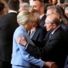 Brigitte Macron et Gérard Collomb - Le président Emmanuel Macron a reçu le collier de Grand maître de la Légion d'honneur dans la Salle des fêtes du palais de l'Elysée à Paris, France, le 14 mai 2017.
