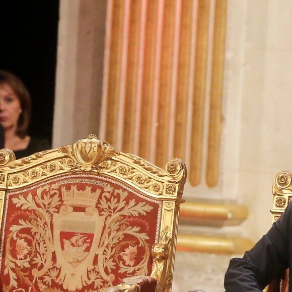 Brigitte Macron et son mari Emmanuel Macron - Le président de la République française E. Macron à l'hôtel de ville de Paris pour une cérémonie avec la maire de Paris A. Hidalgo, à Paris, France, le 14 mai 2017