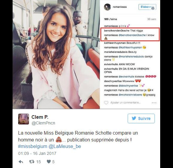 Capture d'écran de la photo Instagram pour laquelle Miss Belgique 2017 est accusée de racisme.