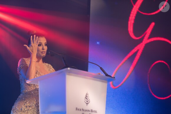 Exclusif - Eva Longoria, présidente d'honneur de l’événement, était vêtue d’une création Marchesa, parée de bijoux Messika (partenaire officiel) et délicatement parfumée par "Accord 119", senteurs de la Maison Caron (partenaire officiel),, lors de la 8ème édition du dîner du Global Gift Gala à l'hôtel Four Seasons George V à Paris, France, le 16 mai 2017. P. Anderson a reçu The Global Gift Philantropist Award, O. Collins a reçu The Global Gift Philantropist Award et V. Messika a reçu The Global Gift Philanthropreneur Award. Cet événement est soutenu par les bijoux MESSIKA et les Parfums CARON, tous deux partenaires officiels. © Agence/Bestimage