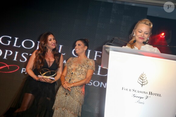 Exclusif - Prix Spécial - No Web No Blog - Maria Bravo, Pamela Anderson et Eva Longoria, présidente d'honneur de l’événement, était vêtue d’une création Marchesa, parée de bijoux Messika (partenaire officiel) et délicatement parfumée par "Accord 119", senteurs de la Maison Caron (partenaire officiel), lors de la 8ème édition du dîner du Global Gift Gala à l’hôtel Four Seasons George V à Paris, France, le 16 mai 2017. P. Anderson a reçu The Global Gift Philantropist Award, O. Collins a reçu The Global Gift Philantropist Award et V. Messika a reçu The Global Gift Philanthropreneur Award. Cet événement est soutenu par les bijoux MESSIKA et les Parfums CARON, tous deux partenaires officiels. © Dominique Jacovides/Bestimage Exclusive - For Germany Call For Price - No Web No Blog - Celebs during the dinner at the 8th edition of Global Gift Gala held at the Four Seasons George V hotel in Paris, France, on May 16, 2017.16/05/2017 - Paris