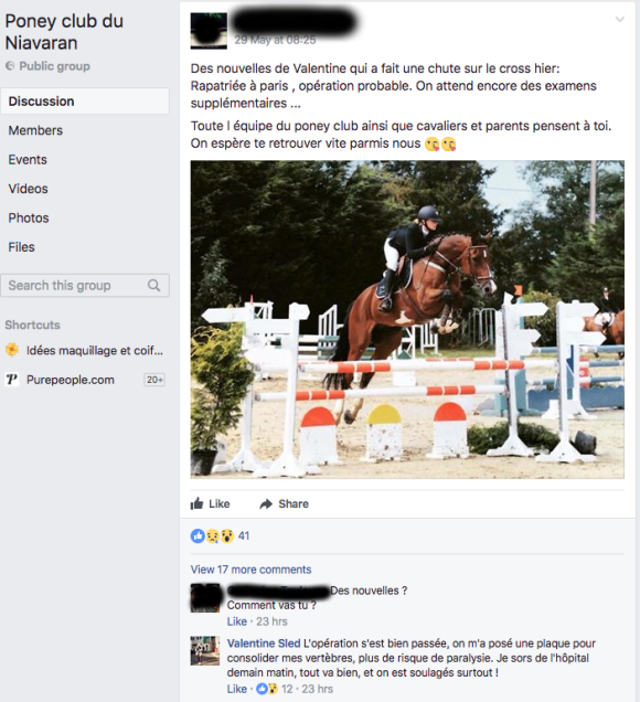 Capture d'écran du compte Facebook du Poney club du Niavaran