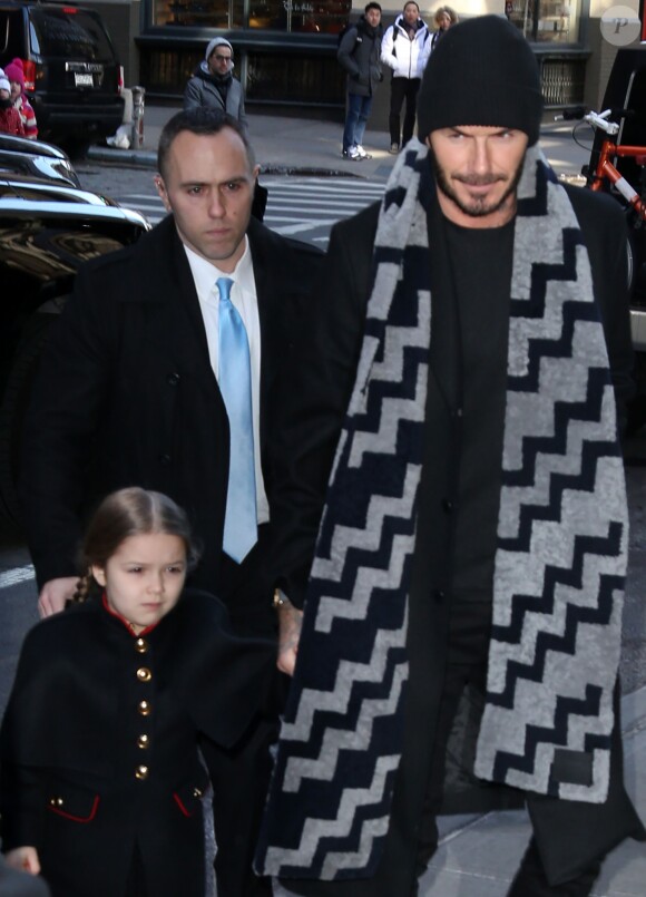 David Beckham et sa fille Harper à la sortie du restaurant Balthazar à New York, après le défilé de mode de Victoria Beckham. Le 14 février 2016