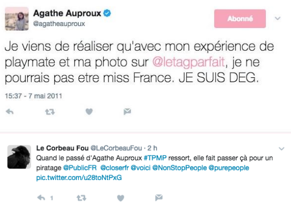 Tweet d'Agathe Auproux évoquant sa photo dénudée pour "Le Tag Parfait", réalisée en 2011.